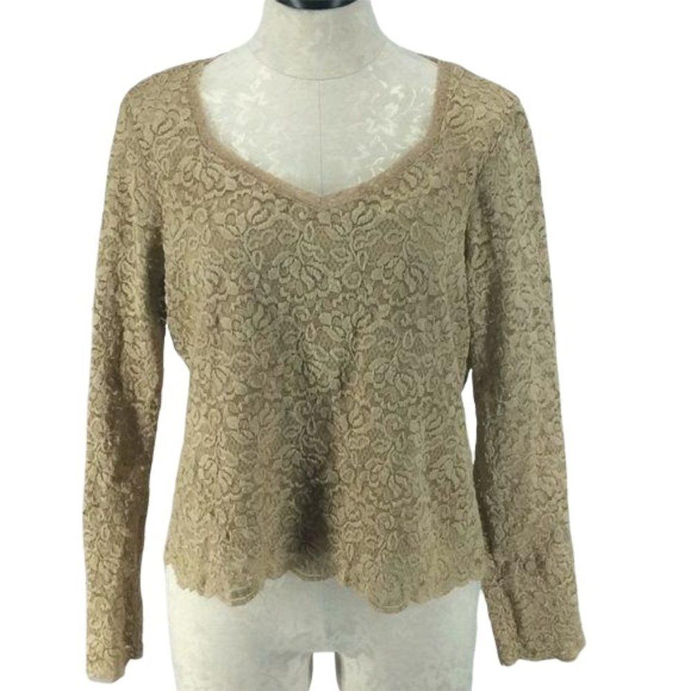 Emma‎ James Liz Claiborne Tan Floral Lace V-Neck Long Sleeve Lined Blouse Large